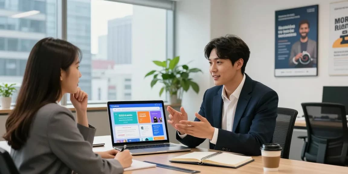 Consultant presenting benefits of an 오피사이트 in modern office setting with client engaged.