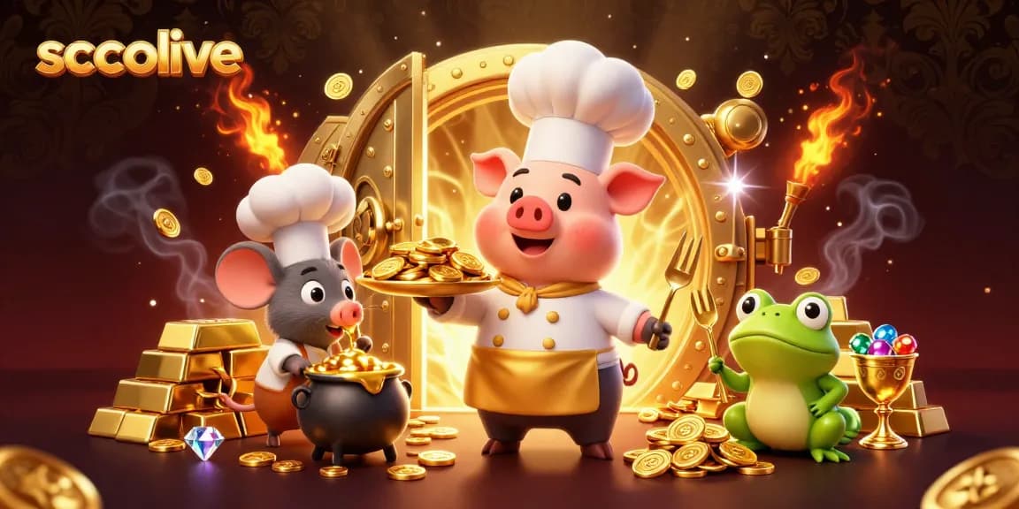 Socolive captures thrilling moments with a chef pig serving golden coins amidst a dynamic casino scene.