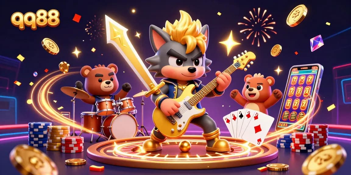 Experience the excitement of qq88 with a rock star wolf playing guitar on a vibrant casino stage.