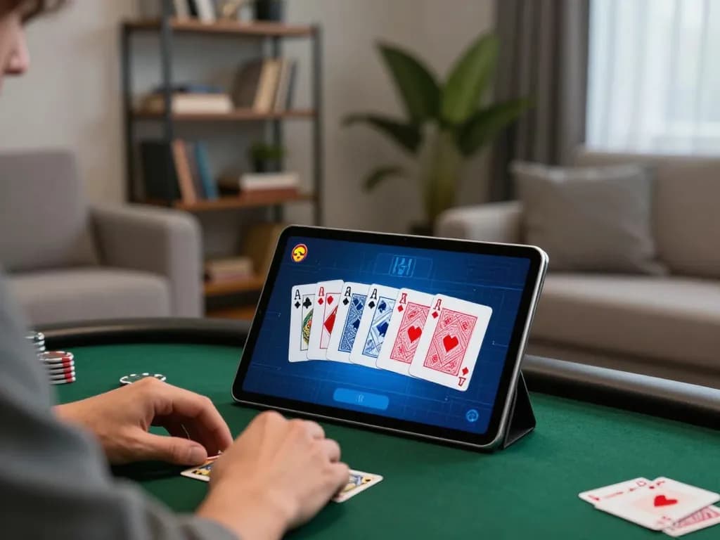 Engaging online poker gameplay at home with llwin mobile app displayed on tablet.