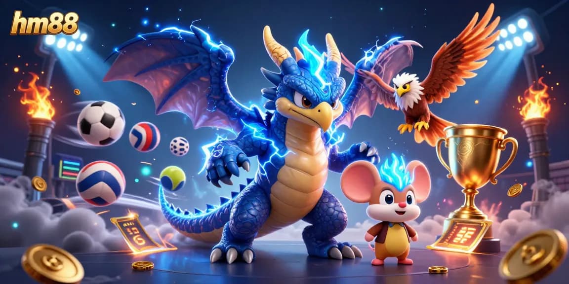 Bet on dynamic hm88 strategies with electric dragon and fierce hawk in vibrant casino scene.