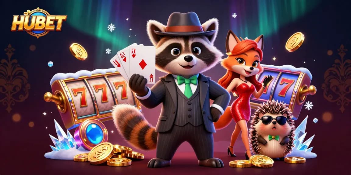 Engaging HUBET online casino illustration showing vibrant gaming elements with charming characters in action.