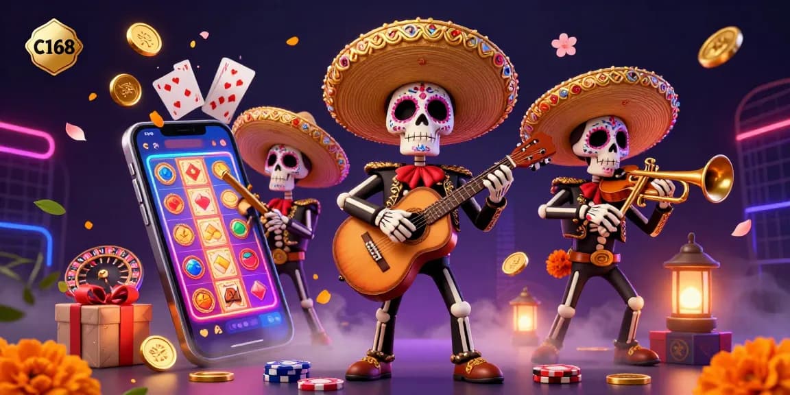 C168 brings luck as a vibrant mariachi band plays amidst a lively casino scene.