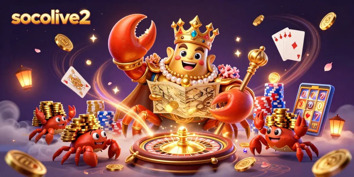 Engage in thrilling gameplay with socolive2 as a majestic crab emperor oversees a vibrant casino scene.