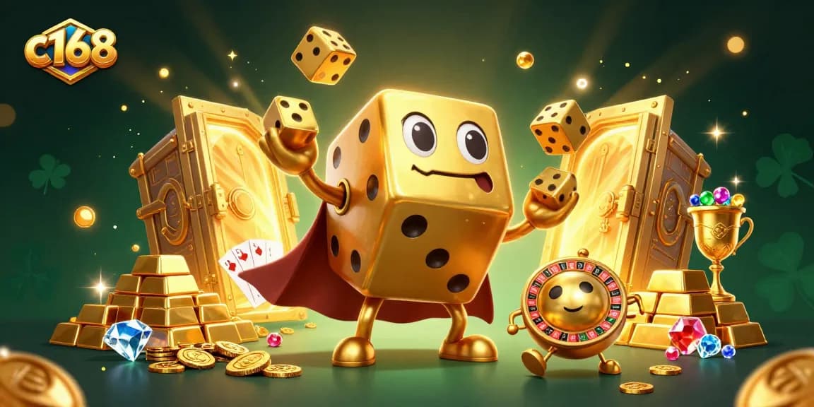 Experience c168 excitement with a lively golden dice golem amidst dazzling casino treasures.