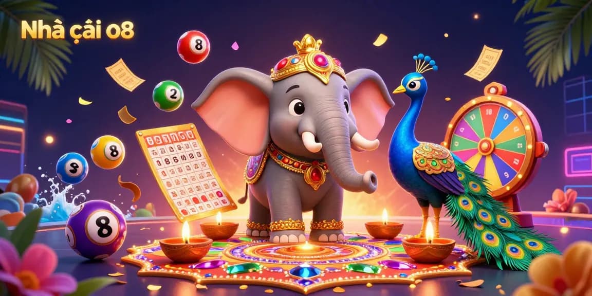 Experience the excitement at Nhà cái o8 with a vibrant casino scene featuring dynamic lottery elements and engaging characters.