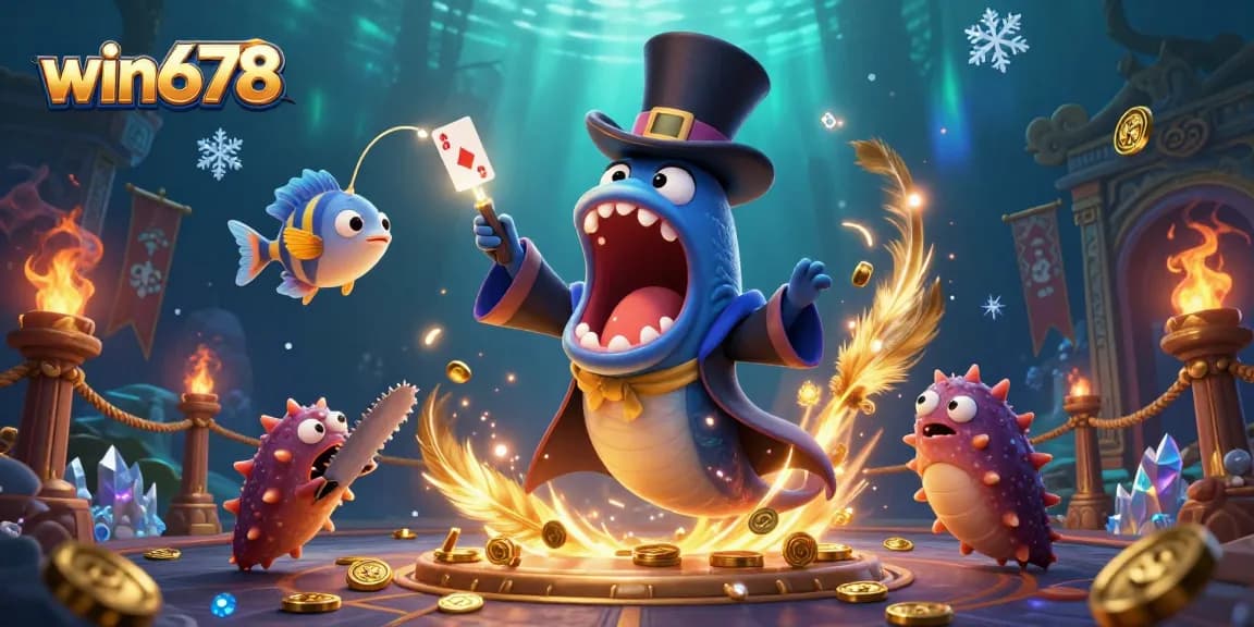 Win678 showcases an underwater magic act with a gulper eel magician and anglerfish spotlighting the excitement of online gambling.