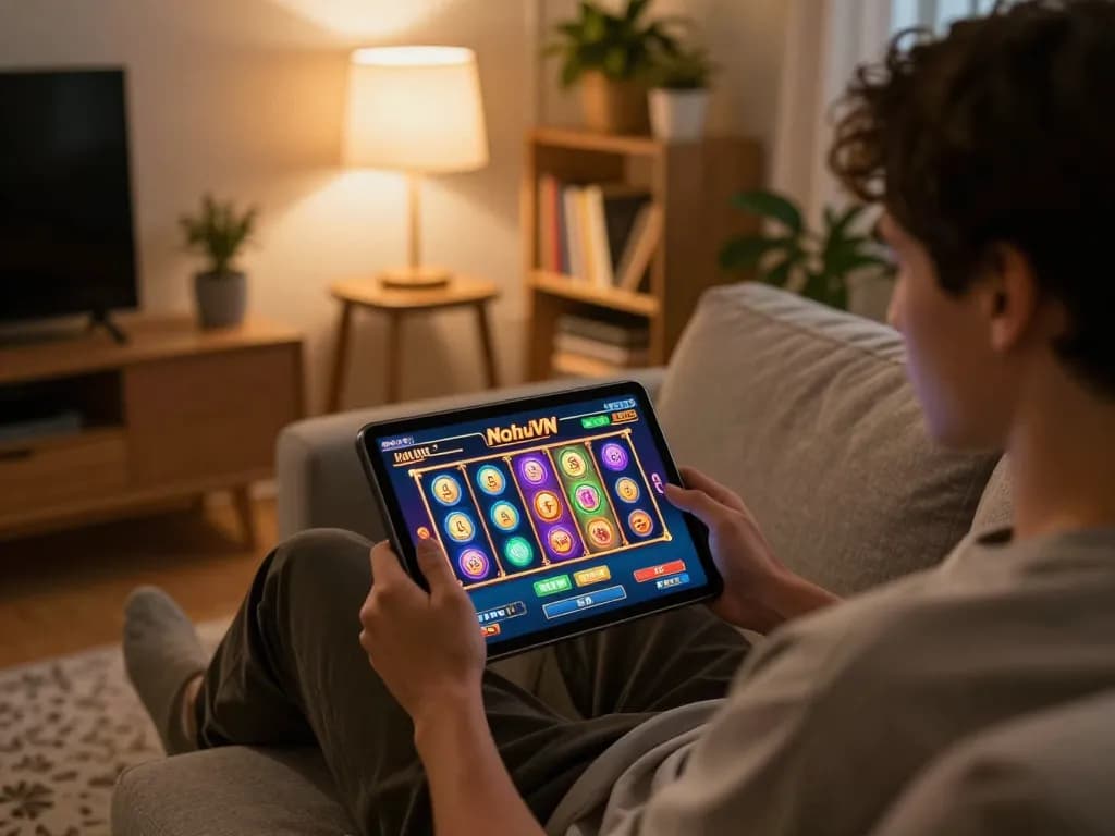 Engaging gameplay on NohuVN slots, showcasing vibrant interface and cozy home atmosphere.