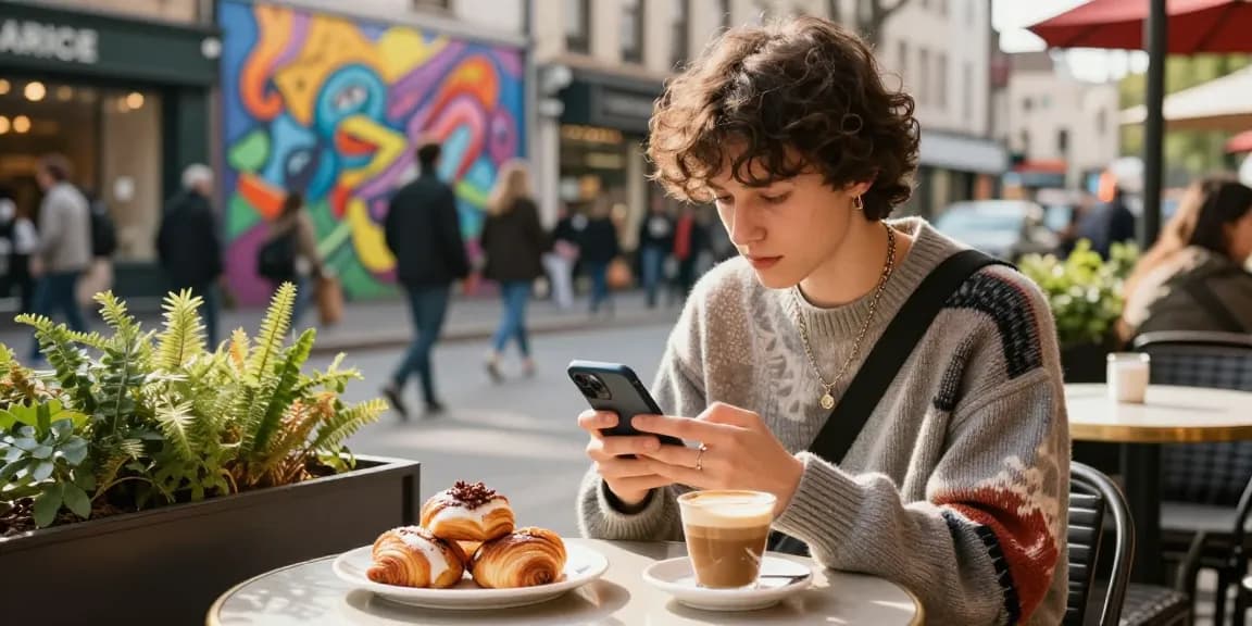 フォロワー 購入 安いを意識した都市のカフェでスマホを使う若者のシーン