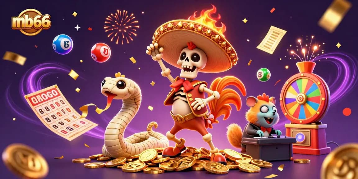 Experience the thrill of mb66 with an energetic casino scene featuring colorful elements and unique characters.