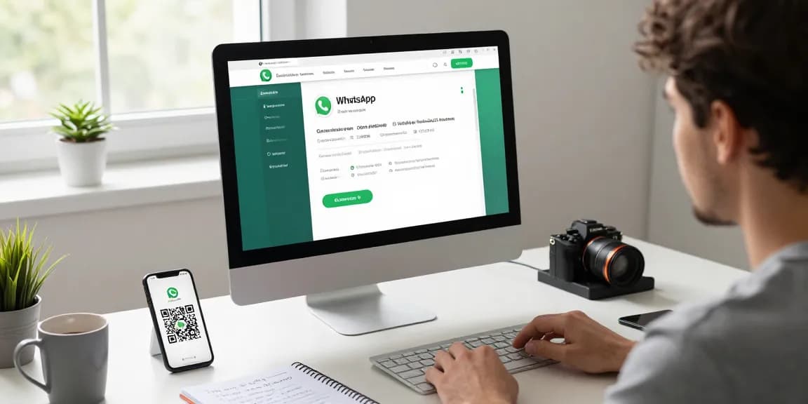 User accessing WhatsApp網頁版 on a desktop with modern workspace setup, showcasing productivity and technology integration.