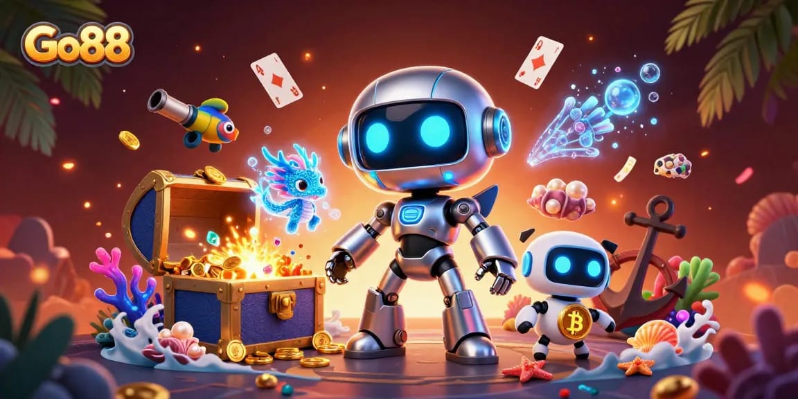Join the excitement at Go88, showcasing a vibrant casino scene with animated characters and treasure!