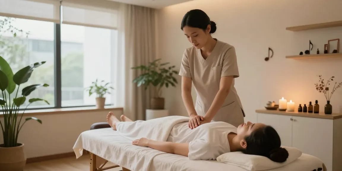 스웨디시 마사지 중인 고객과 테라피스트, 아늑한 스파 환경