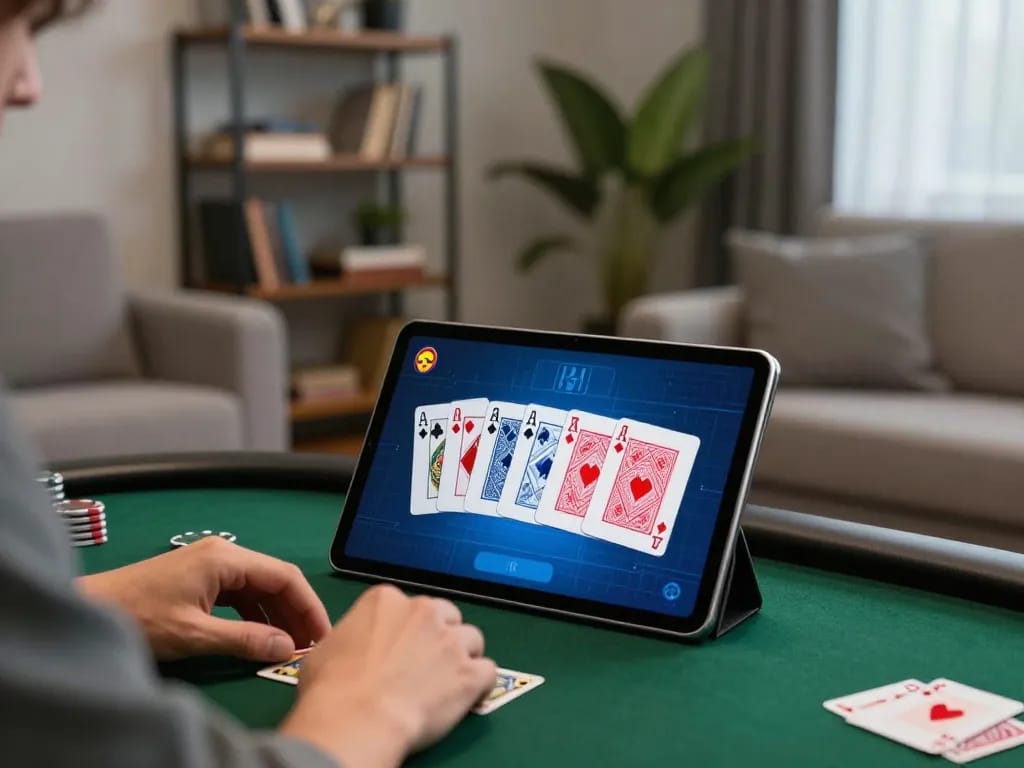Engaging online poker gameplay at home with llwin mobile app displayed on tablet.