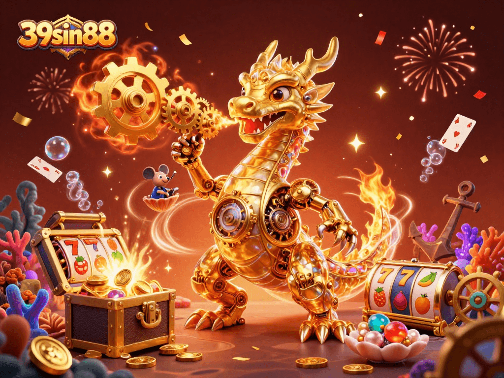 Engage with the 39sin88 casino experience featuring a golden dragon and dynamic slot elements.