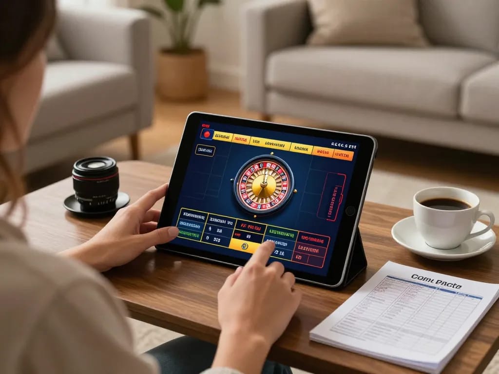 Engaged player using LC88 for online roulette gaming, showcasing a vibrant tablet screen and strategic notes.