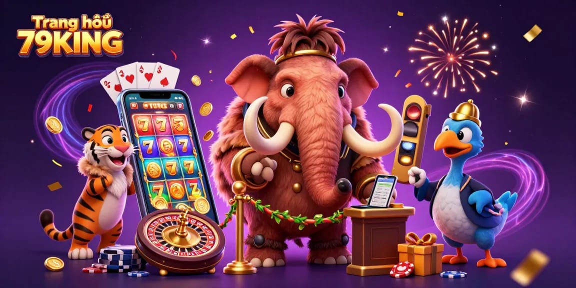 Engaging illustration of Trang chủ 79KING with a woolly mammoth, saber-tooth tiger, and dodo bird in a vibrant casino scene.