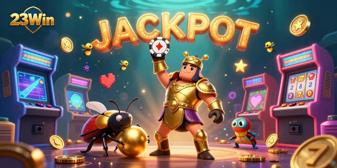 Experience the excitement of 23Win with a 3D beetle in armor celebrating a casino jackpot!