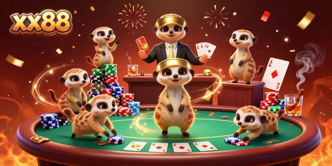 Experience the excitement of xx88 with colorful meerkats running a lively casino.