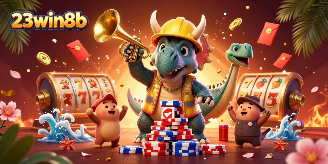 Experience excitement at 23win8b as triceratops stacks poker chips and celebrates with vibrant casino elements.