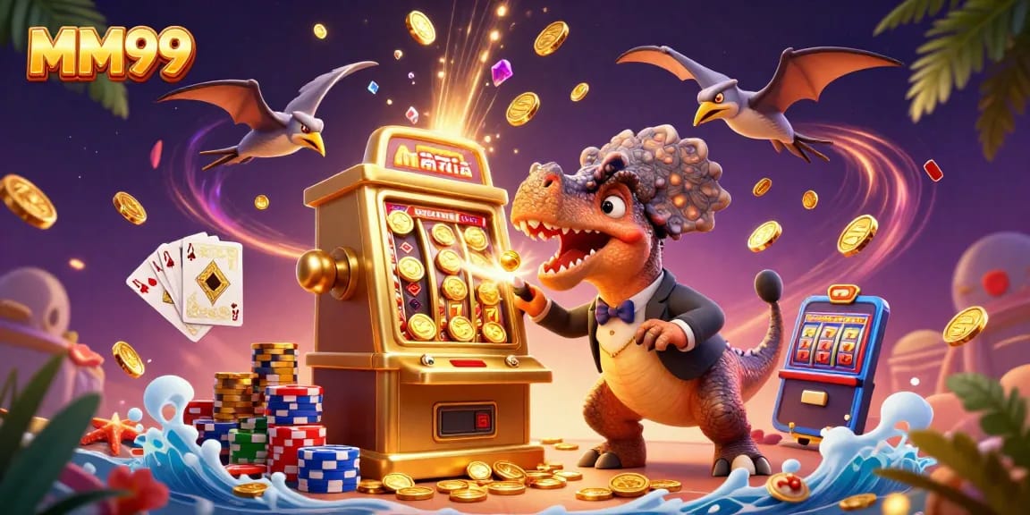 MM99 casino excitement with a dinosaur jackpot, pteranodon catching coins in a vibrant scene