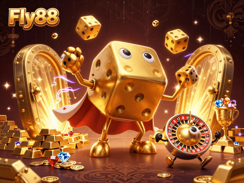 Fly88 promotes excitement with a golden dice golem and dazzling casino elements.