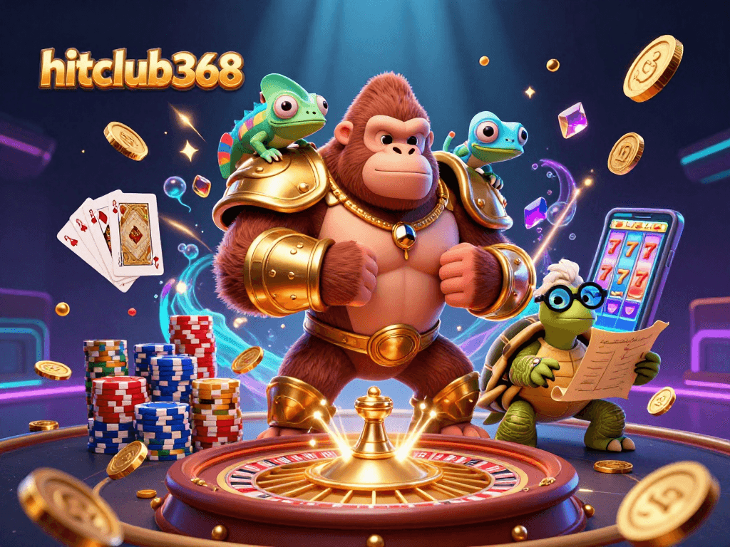 Experience the thrill of hitclub368 as a gorilla king and dragon companion conquer jackpots in this vibrant casino scene.