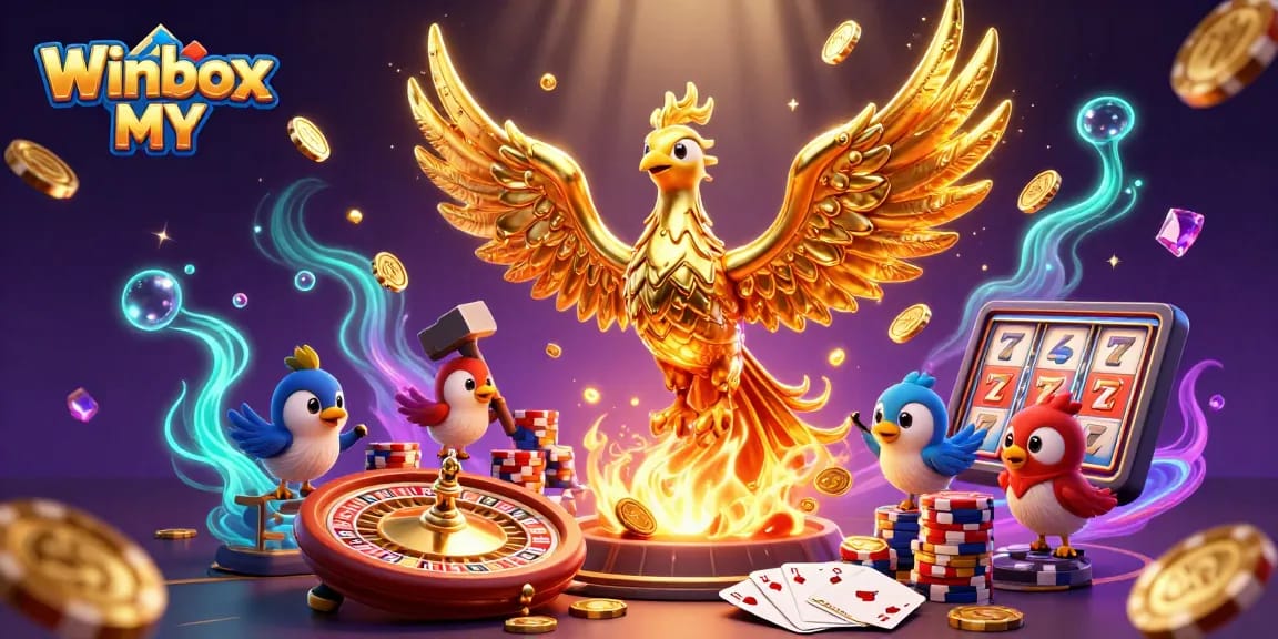 Winbox MY showcases exhilarating gaming with a molten phoenix, golden coins, and dazzling casino elements.
