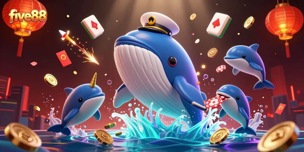 Engage with the immersive five88 casino experience as a whale breaches through golden coins.