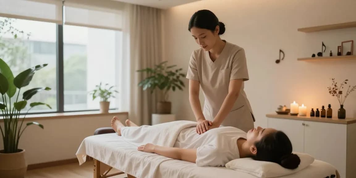 스웨디시 마사지 중인 고객과 테라피스트, 아늑한 스파 환경
