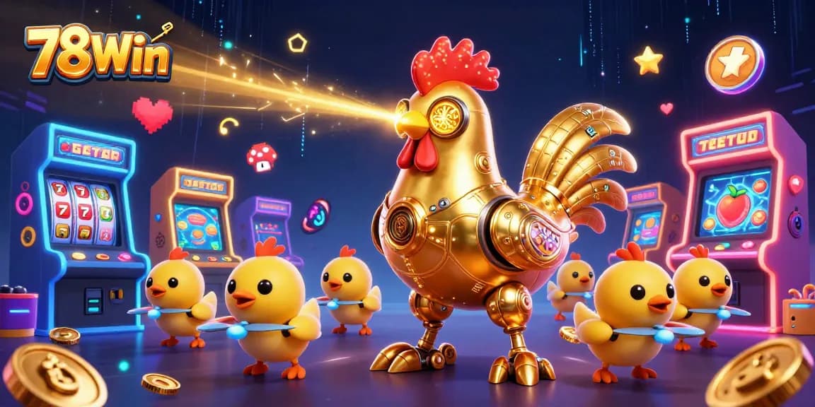 Engage with the casino excitement at 78Win featuring a lively golden rooster robot and game machines.