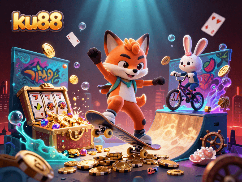 ku88 lets you join a thrilling scene with a fox and rabbit amidst casino symbols and vibrant treasures.