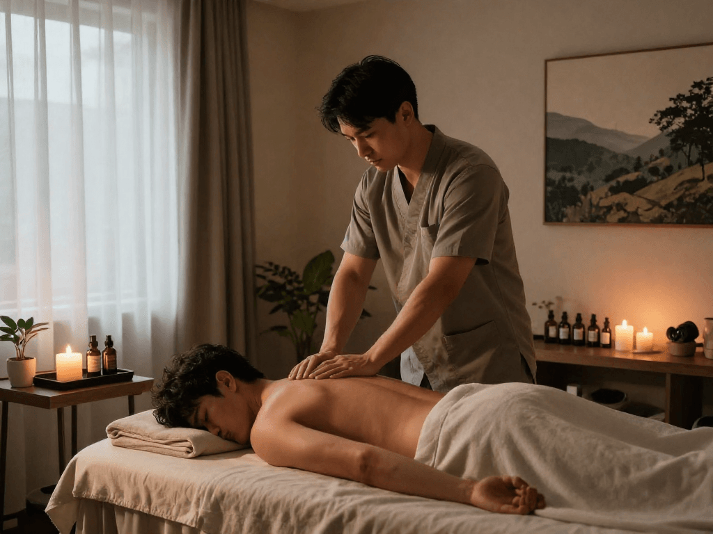 제주마사지 세션을 받는 남성 고객과 마사지 테라피스트의 모습.