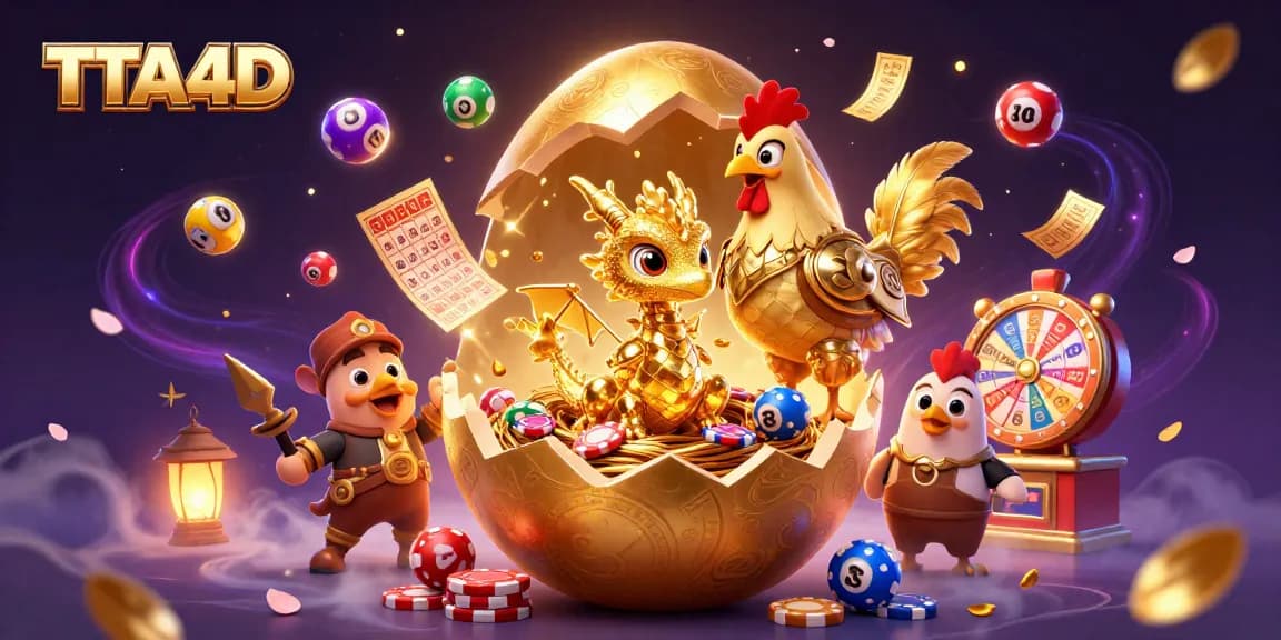 TATA4D showcases a golden dragon emerging from a nest of poker chips amid lively gambling elements.