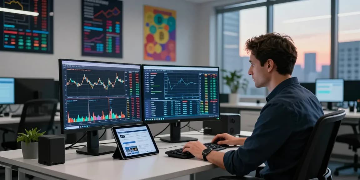 업투익스체인지 trading office scene with trader analyzing cryptocurrency charts
