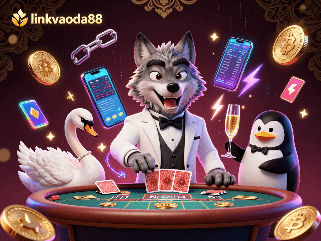 Experience excitement at linkvaoda88 with a luxurious casino scene of classy characters and vibrant crypto elements.