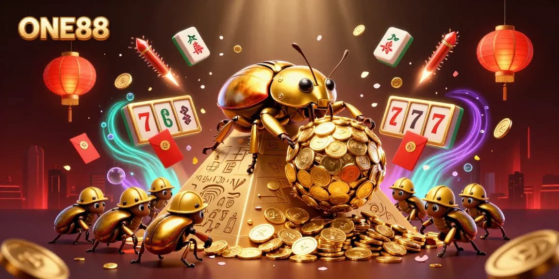 ONE88 showcases an epic casino scene with a golden beetle rolling coins, reflecting vibrant gaming excitement.