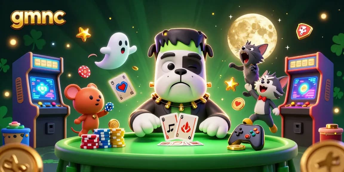 Play cards with gmnc at a spooky table showcasing a cartoon bulldog monster and vibrant casino elements.