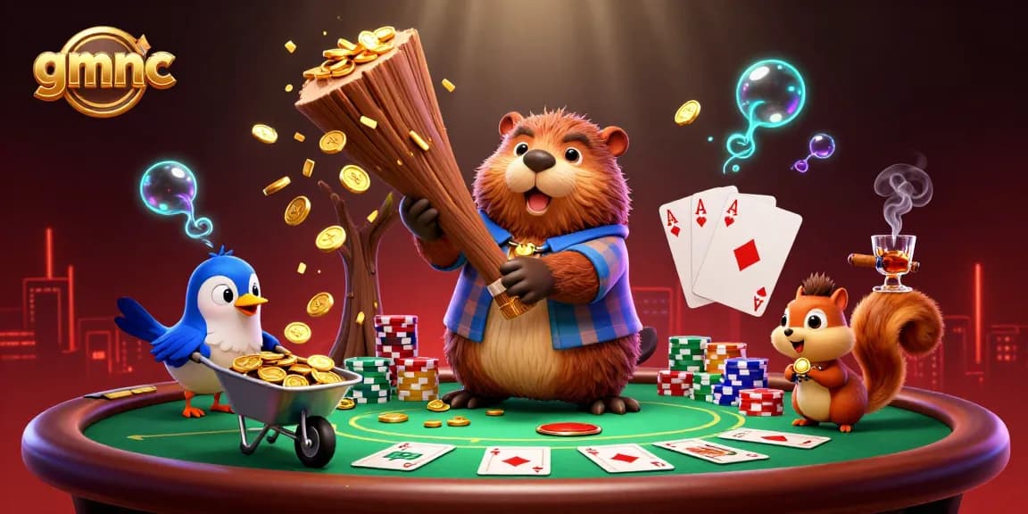 gmnc showcases a playful scene with a beaver, bird, and squirrel engaging in vibrant casino action.