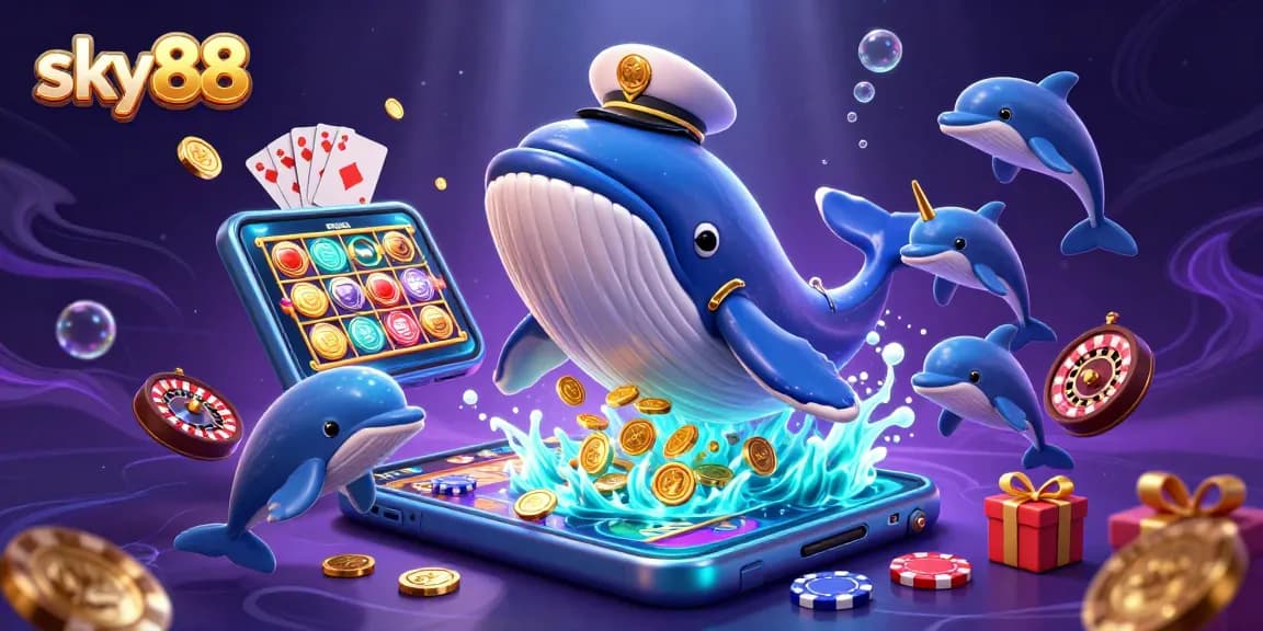 Experience sky88 with a 3D whale breaching coins while playing poker and slots.