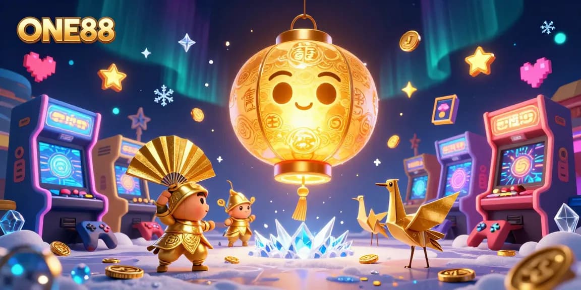 Engage with ONE88's vibrant gaming world featuring golden lantern spirit and arcade machines.
