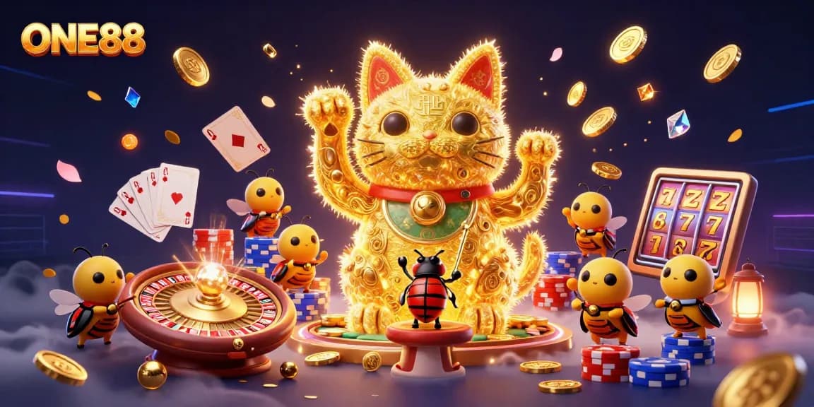 Bring luck at ONE88 with a vibrant gambing scene featuring a lucky cat and dynamic game elements.