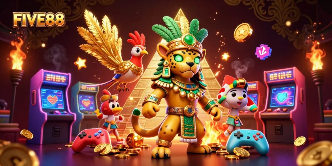 Engage with FIVE88's vibrant casino theme featuring animated characters and game elements