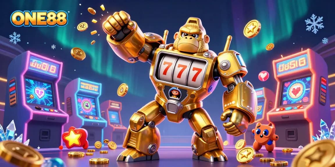 Engage in thrilling gameplay with ONE88's vibrant 3D illustration featuring a golden gorilla mech.