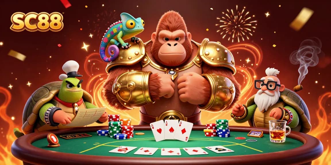 SC88 gorilla king celebrates a winning poker hand with vibrant casino elements.