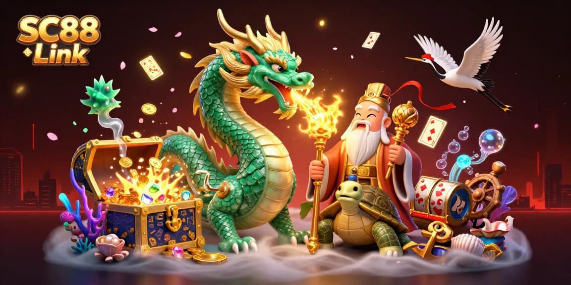 Experience the excitement of SC88 Link with a dynamic casino-themed 3D illustration featuring mythical elements.