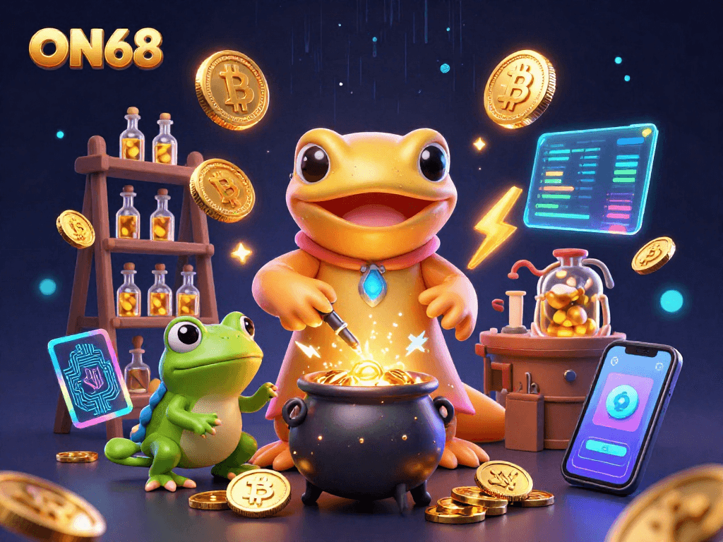Engage with ON68’s thrilling gaming experience featuring gold coins, alchemists, and crypto elements.