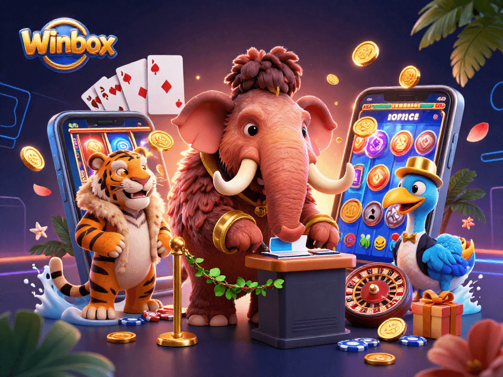 Winbox: A vibrant casino entrance scene featuring a woolly mammoth checking IDs and immersive gaming elements.