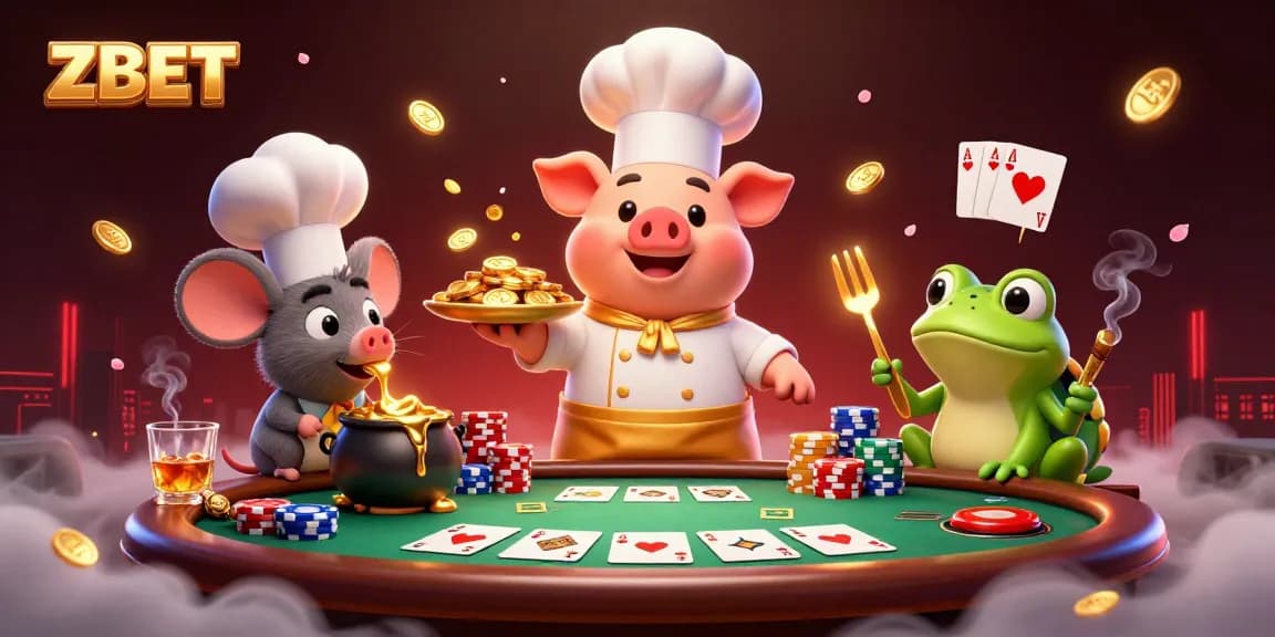 ZBET showcases an exciting scene with a chef pig serving golden coins, eager characters enhancing the thrill of poker.