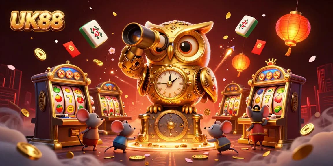 Engage with UK88: Experience vibrant slot games amidst a whimsical casino scene.